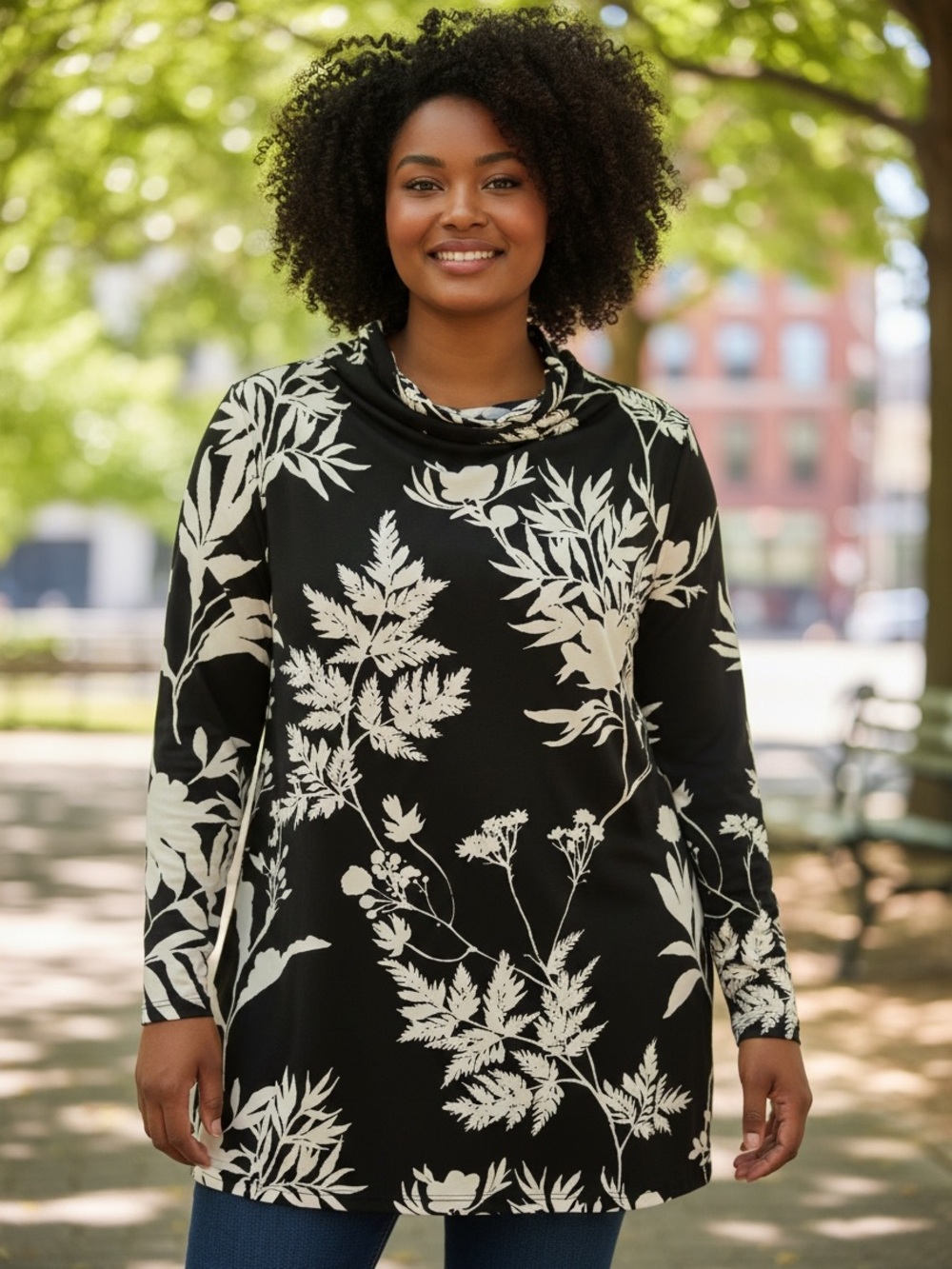 Liz Claiborne Black and White Botanical Cowl-Neck Tunic Top